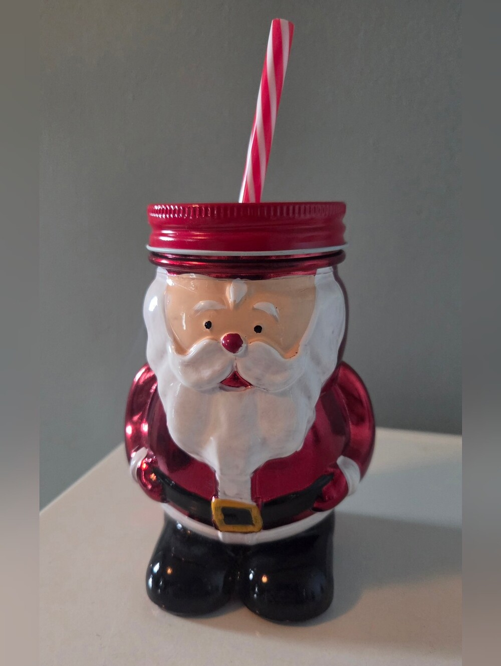 Holiday Santa Glass Mason Jar Style Drinking Cup With Lid & Straw